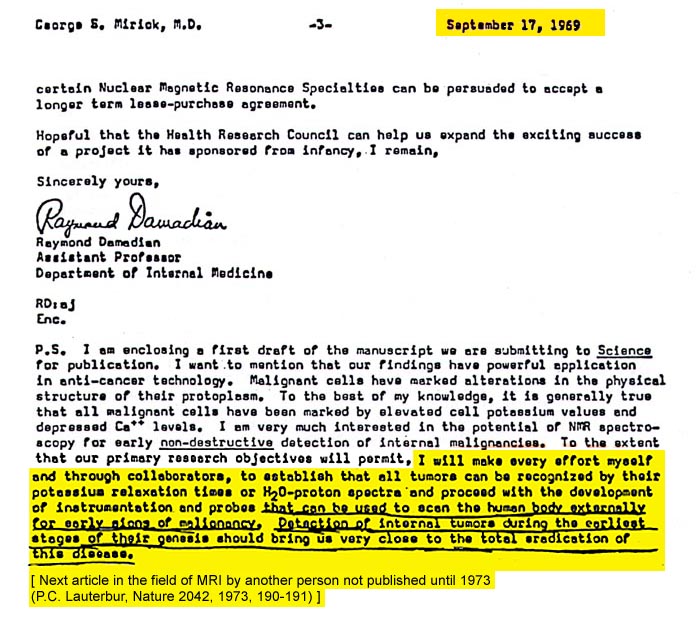 Dr. Damadian’s September 17, 1969 letter to Dr. George Mirick