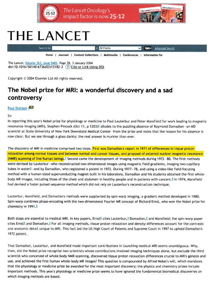 Lancet Article: The Nobel prize for MRI-a wonderful discovery and a sad controversy