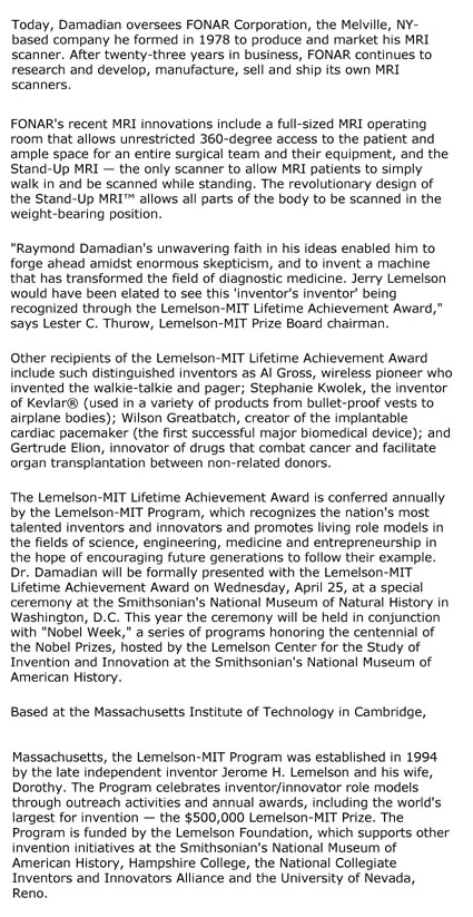 Lemelson-MIT Program  Bestows Lifetime Achievement Award to Pioneer of Diagnostic Medicine