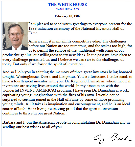 Letter from President Bush to Dr. Damadian