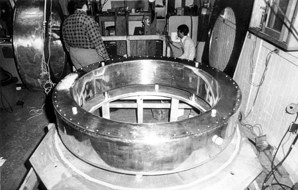 Fig.15. One of the two liquid helium dewars under construction that would house one of the superconducting magnet coils and maintain the necessary -269° C temperature needed to establish superconductivity in the Niobium Titanium magnet coil.